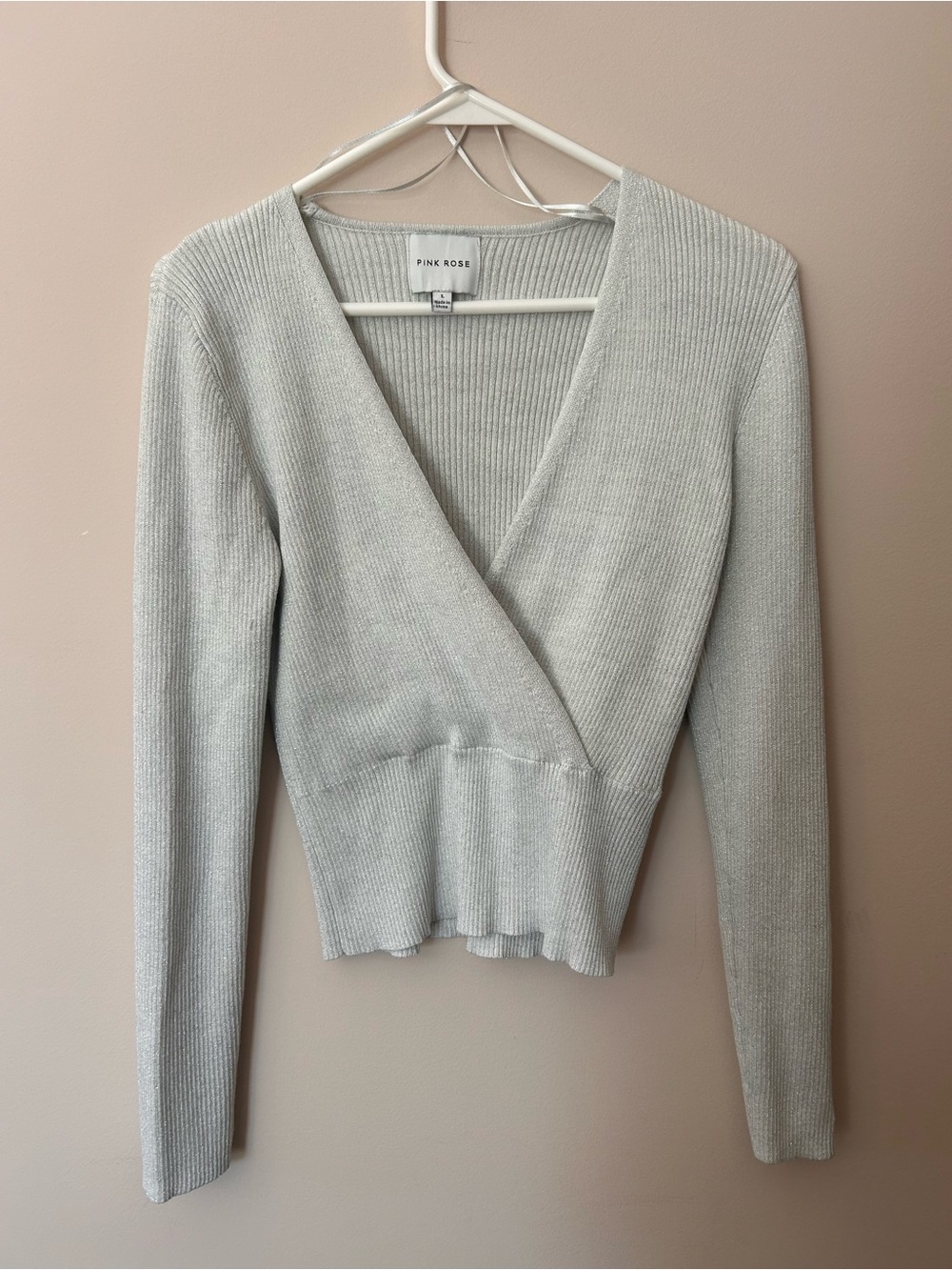 Pink Rose Women's Light Gray Sparkly Ribbed Wrap Sweater